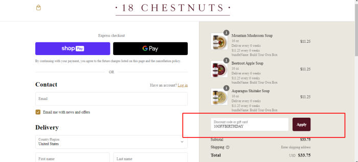 How to use 18 Chestnuts promo code
