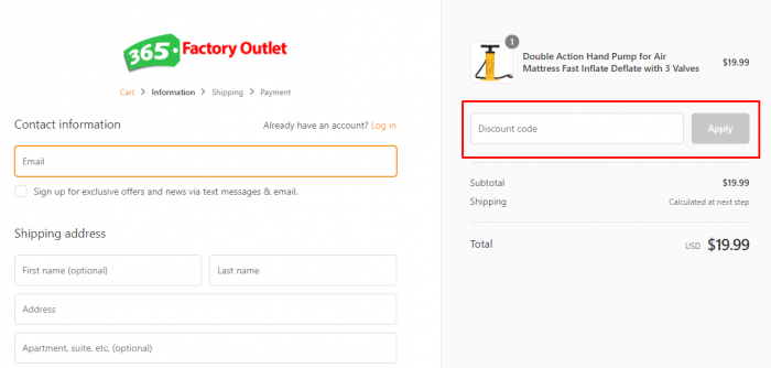 how to apply discount code at 365 factory outlet