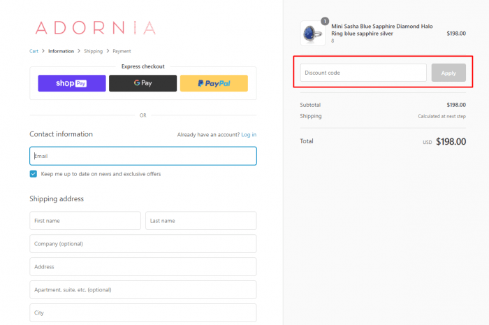 how to apply discount code at Adornia