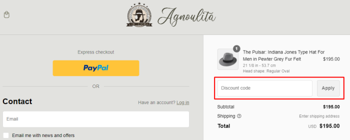 How to use Agnoulita Hats promo code