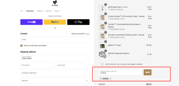 How to use Ahava promo code