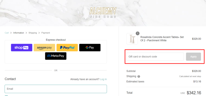 How to use Alchemy Fine Home promo code