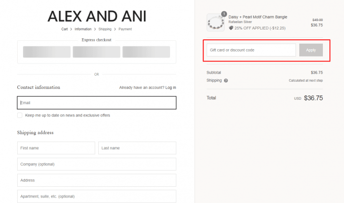 how to apply discount code at Alex and Ani