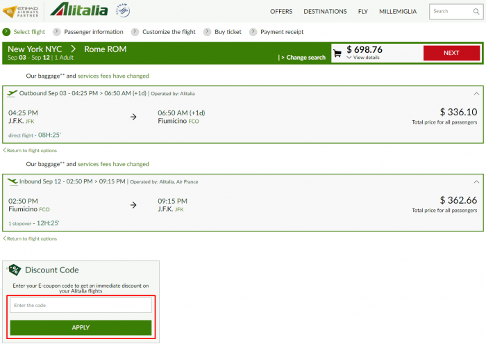 How to use a discount code at Alitalia