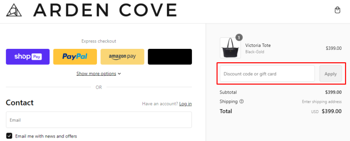 How to use Arden Cove promo code