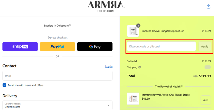 How to use ARMRA Colostrum promo code
