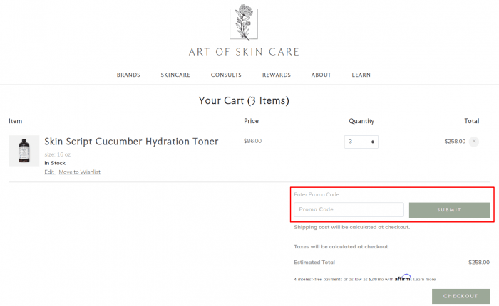 How to use Art of Skin Care promo code