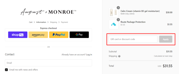 How to use August + Monroe promo code