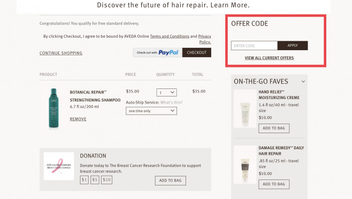 How to apply offer code at Aveda