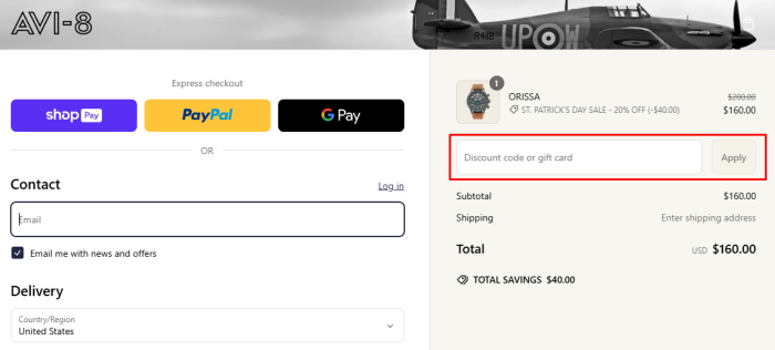 How to use AVI-8 promo code