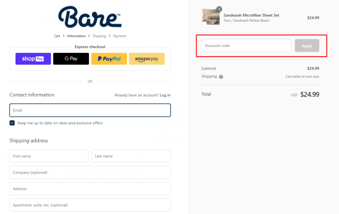 how to apply discount code at Bare Home
