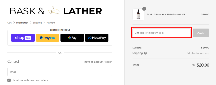 How to use Bask & Lather promo code