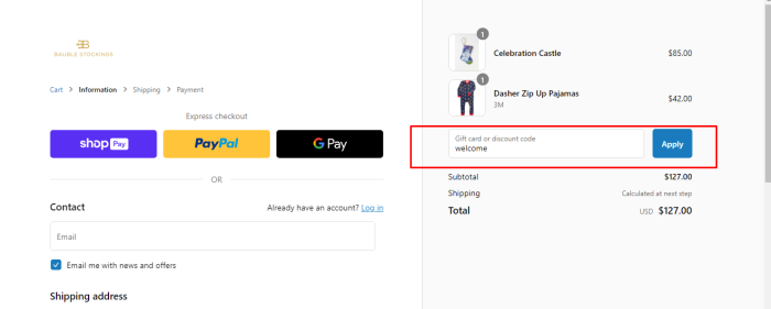 How to use Bauble Stockings promo code