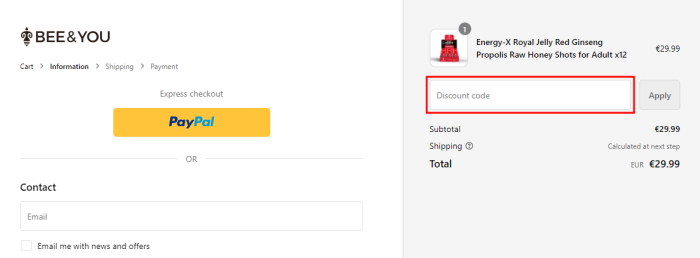 How to use BEE&YOU promo code