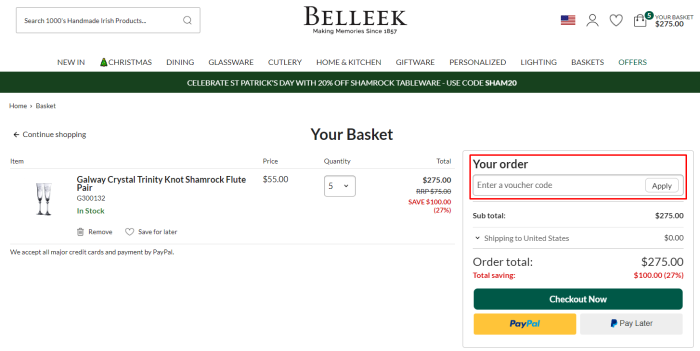 How to use Belleek promo code
