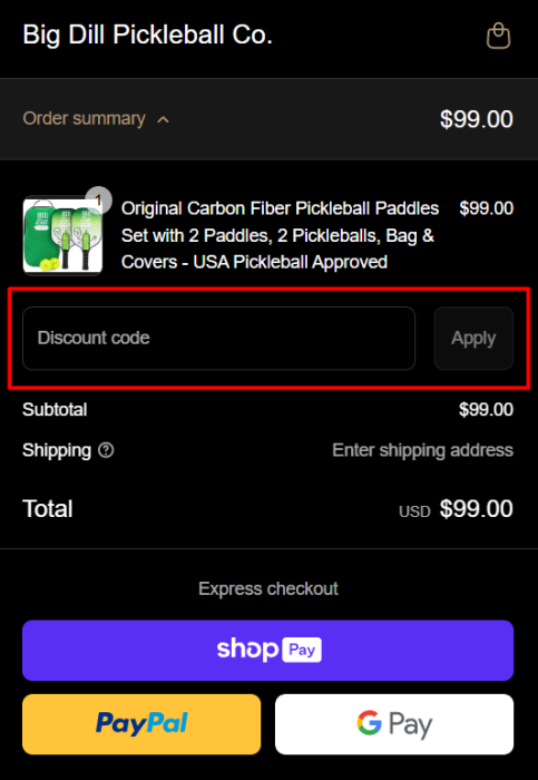 How to use Big Dill Pickleball Co. promo code