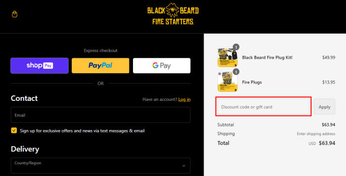 How to use Black Beard Fire Starters promo code