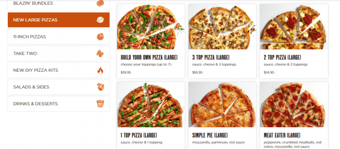 Blaze Pizza range of products 