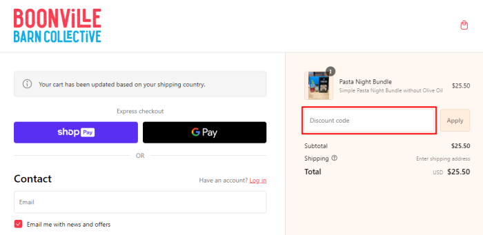 How to use Boonville Barn Collective promo code