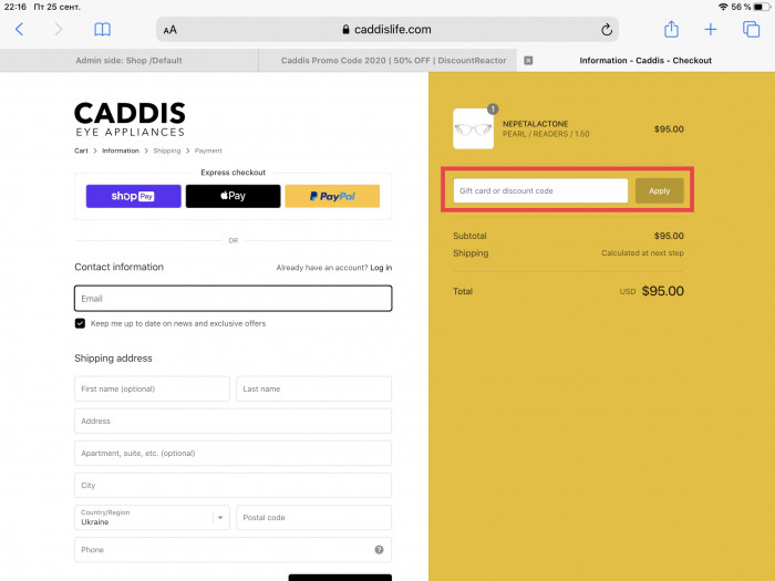 How to apply discount code at Caddis