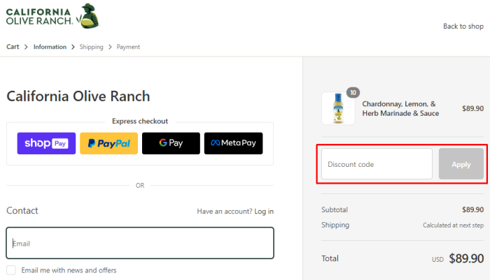 How to use California Olive Ranch promo code