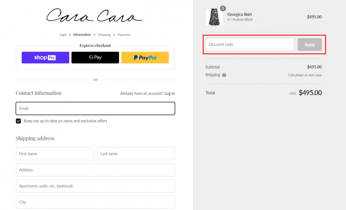 how to apply discount code at Cara Cara 