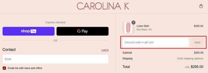 How to use Carolina K promo code