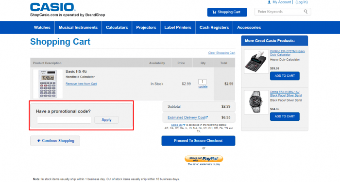 How to use a promotional code at Casio
