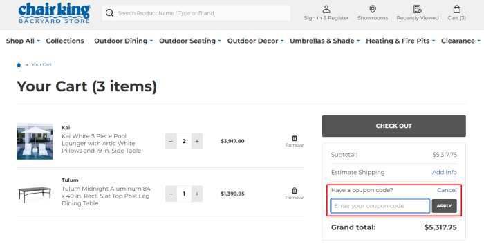 How to use Chair King Backyard Store promo code