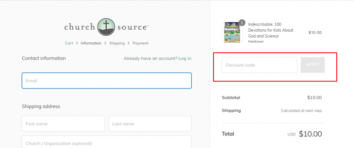 how to apply discount code at ChurchSource