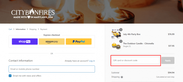 How to use City Bonfires promo code