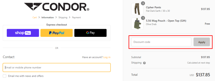 How to use Condor Outdoor promo code