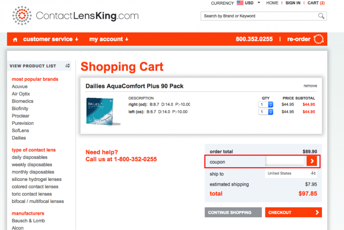 How to use a coupon code at ContactLensKing