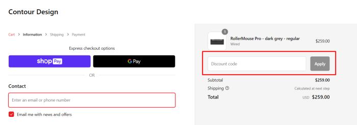 How to use Contour promo code