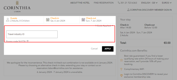 How to use Corinthia promo code