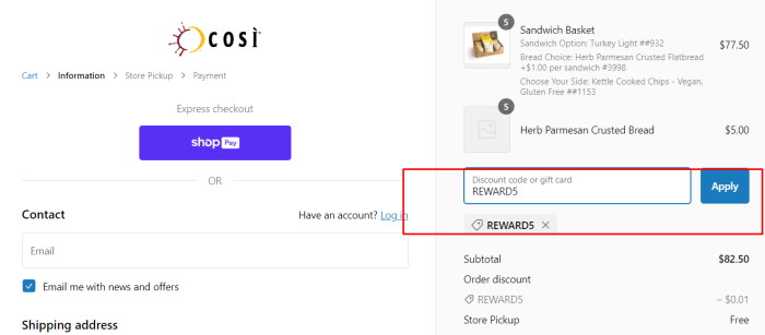 How to use Cosi promo code