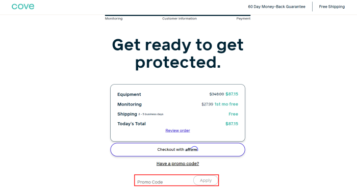 How to use Cove Security promo code