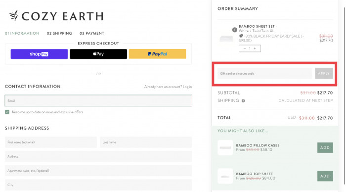 How to apply discount code at Cozy Earth