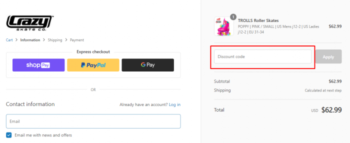 How to use Crazy Skates promo code