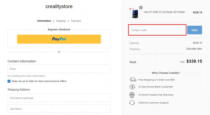 How to use Creality Store promo code