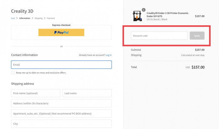 How to apply discount code at Creality3D