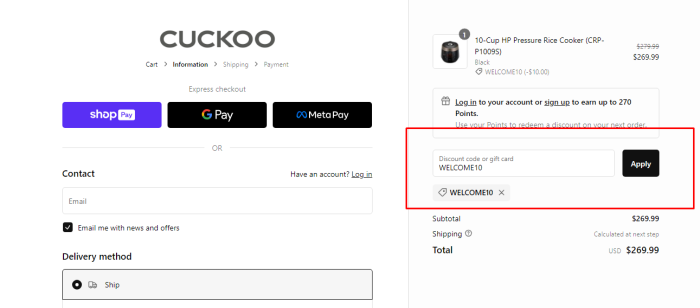 How to use CUCKOO America promo code