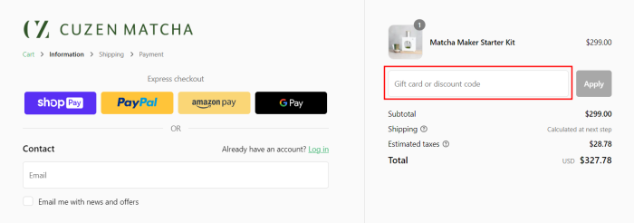 How to use Cuzen Matcha promo code