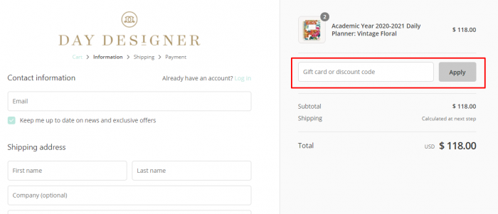 how to apply discount code at Day Designer