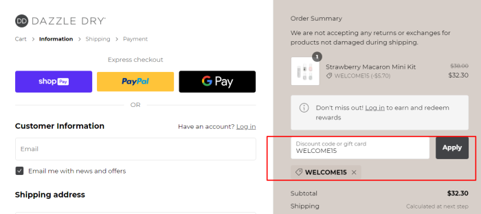 How to use Dazzle Dry promo code