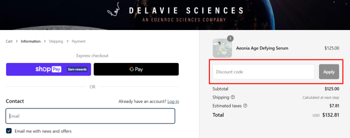 How to use Delavie Sciences promo code