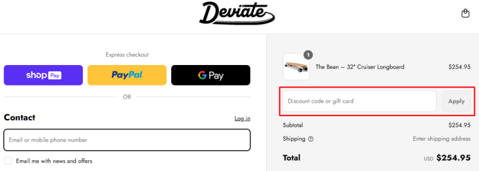 How to use Deviate Board Co promo code