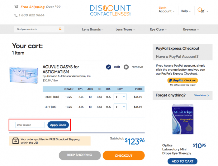 How to use a coupon code at DiscountContactLenses