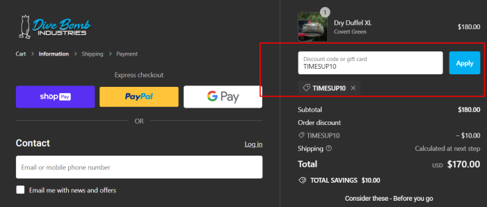 How to use Dive Bomb Industries promo code