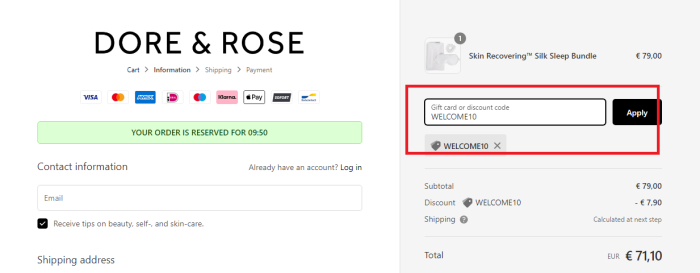 How to use DORE & ROSE promo code
